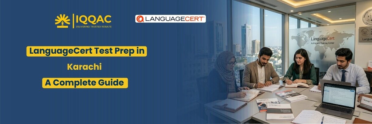 Student preparing for language cert test prep in Karachi with study materials.